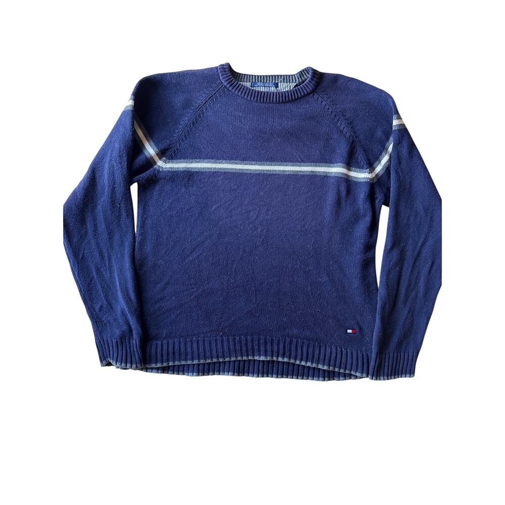 Vintage 90s Tommy Hilfiger Mens L Navy Stripe Crewneck Sweater Flag Logo